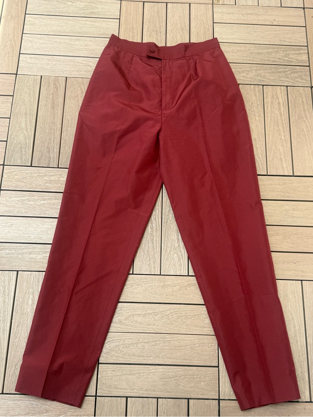 Zang Toi burgundy high waisted silk front pleated pantsuits